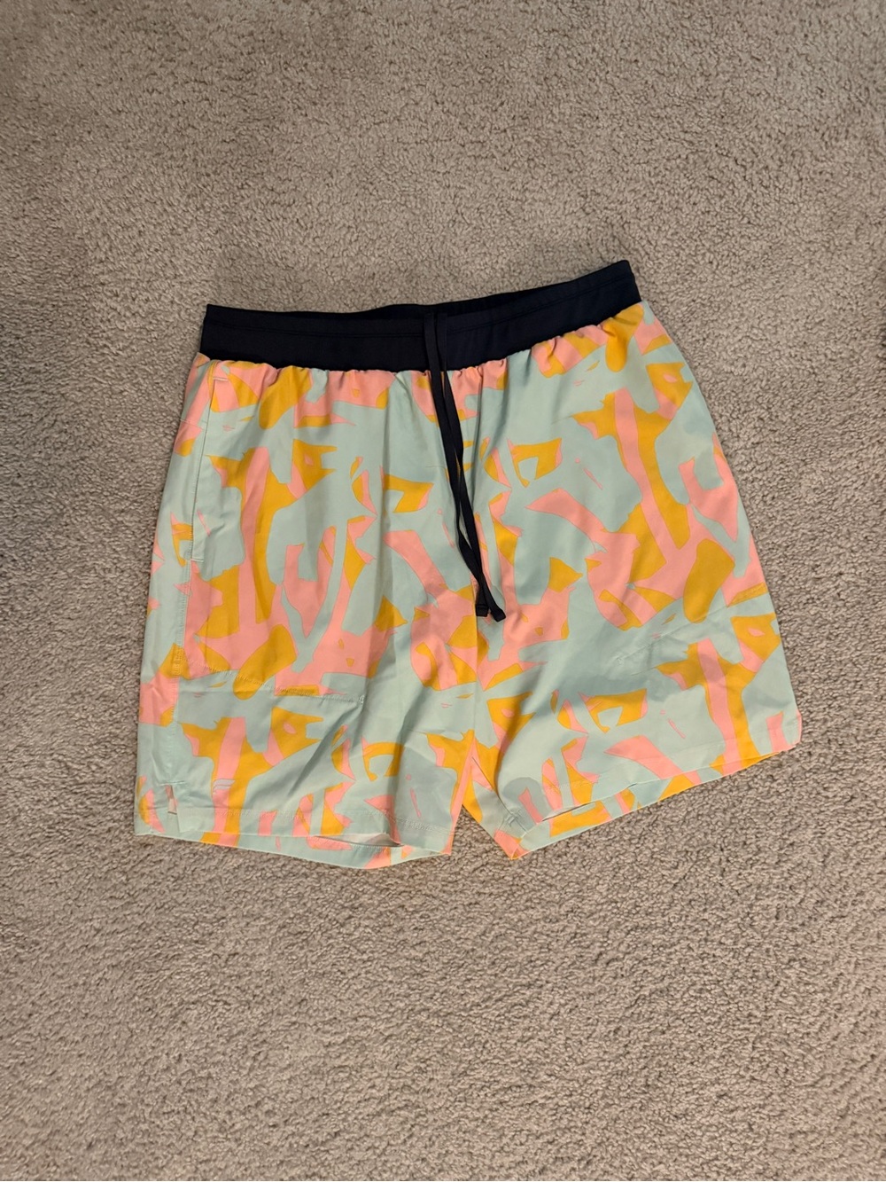 Fabletics Mint Swim Trunks with Black Waistband and Pink & Yellow Print